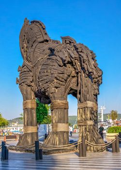 Canakkale, Turkey - 07.23.2019.  Statue of the Trojan horse in Canakkale, Turkey, on a summer morning