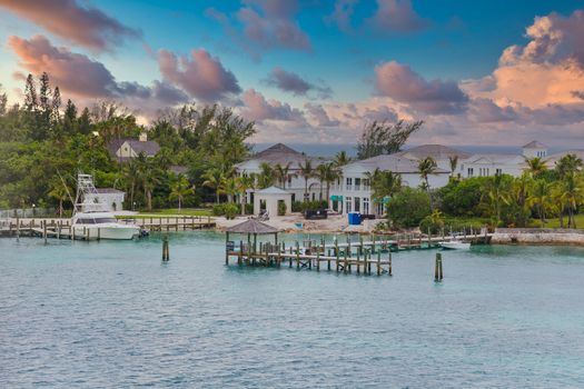 Constuction on a beach resort on a thin finger of land in the Bahamas