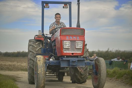 GAVELLO, ITALY 24 MARCH 2020: Farmer on the tractor in countryside