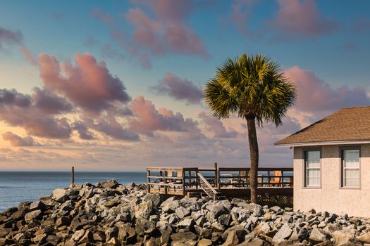 Deck on beach home with stone seawall and palm tree