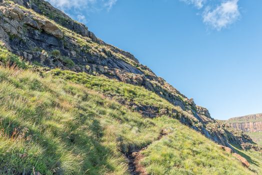 The Sentinel hiking trail to the chain ladders and Tugela Falls, with a small steel ladder on the route visible