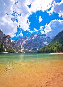 Lago di Braies lake turquoise water and Dolomites Alps view, South Tyrol region of Italy
