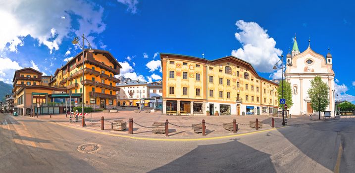 Cortina d' Ampezzo main square architecture and church panoramic view, Veneto region of Italy
