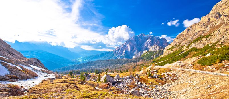 Passo Valparola high alpine pass panoramic view, Cunturines-Spitze peak, Dolomites, Italy

