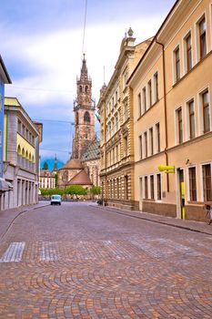 City of Bolzano empty old street and church view, Trentino Alto Adige region of northern Italy