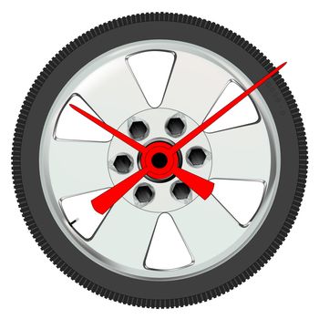 A low prifile auto tyre and wheel as a clock face.