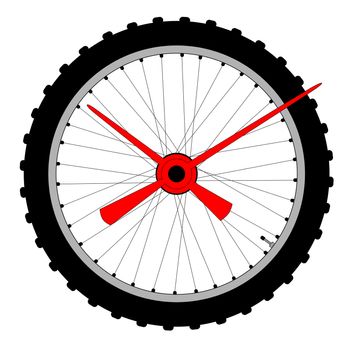 A knobly tyre on a bicycle wheel with clock hands making a clock face