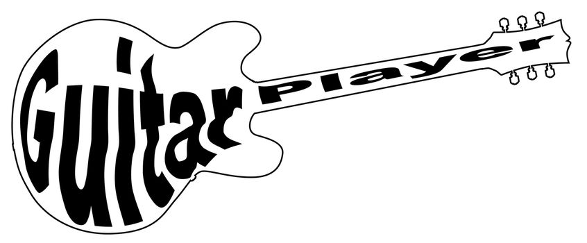 A white silhouette of a generic guitar shape with the words 'guitar player'.
