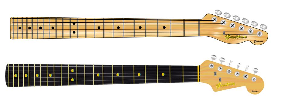 Two guitar necks typical of single coil rock and roll guitars