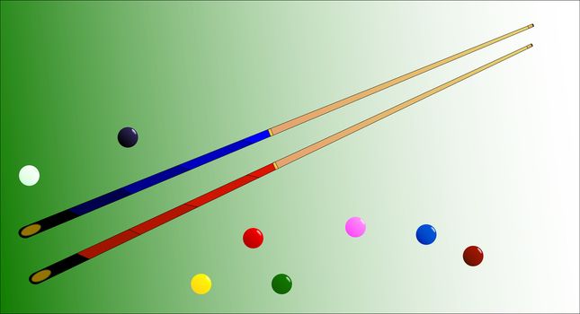 Two snooker cues with several coloured balls