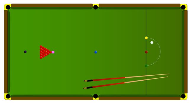 A typical full size snooker table with balls and snooker cues.