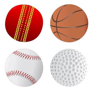 A set of four sports balls isolated on white - Golf, Cricket, Baseball, Basketball.