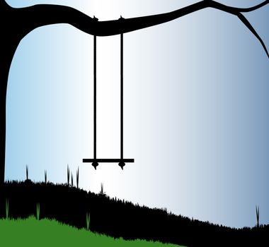 A garden swing tied to the branch of a tree in silhouette.