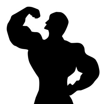 A body builder posing in silhouette over white.