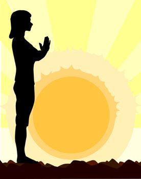 A woman performing a yoga asana against the rising sun.