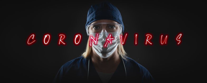 Banner of Female Doctor or Nurse In Medical Face Mask and Protective Gear With Coronavirus Text In Front.