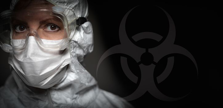 Banner of Female Doctor or Nurse In Medical Face Mask and Protective Gear With Bio-hazard Sign.