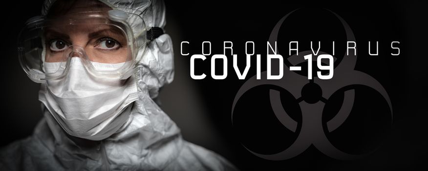 Banner of Female Doctor or Nurse In Medical Face Mask and Protective Gear With Coronavirus COVID-19 Text.