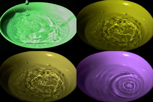 Water drop sequence in water bowl, black background, yellow, orange, green, violet, complementary colors