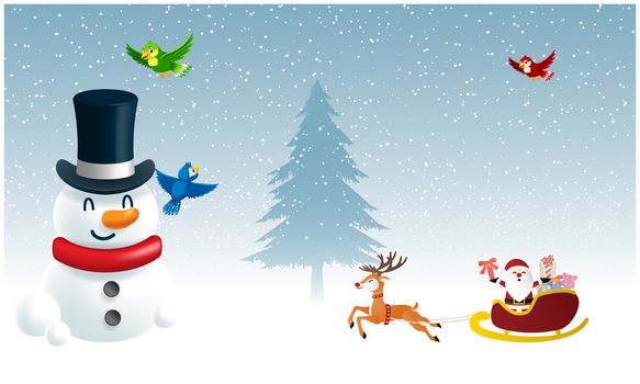 birds and animals are enjoying in winter with snowman and Santa in snow