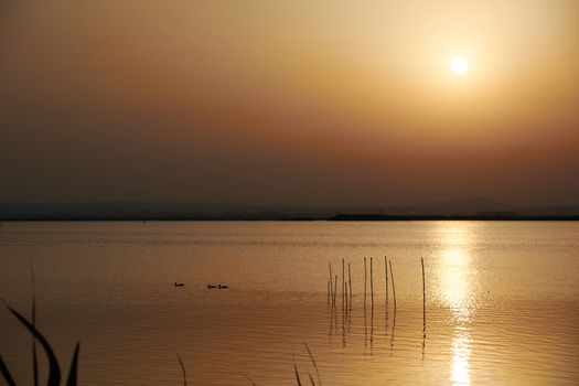 Reflections of the sunset in the lagoon. Sunset lights