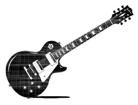 A black electric guitar drawing woth grunge markings isolated on a white background