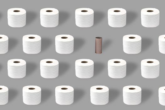 Toilet paper rolls with and empty roll, toilet roll holder on a grey background