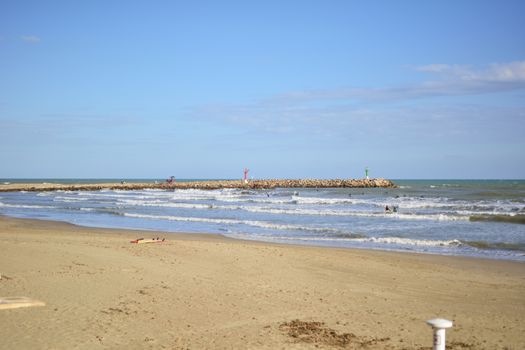 Group of surfers on the beach on a summer day. Colors of nature