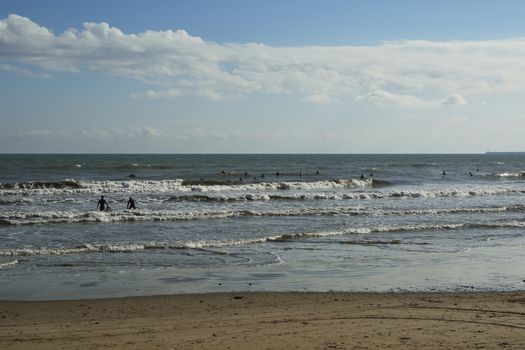 Group of surfers on the beach on a summer day.Colors of nature