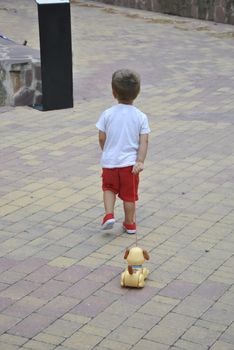 Boy in red pants playing with toy dog.Nice and fun