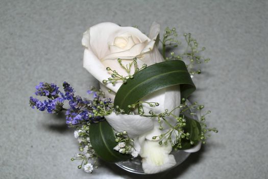 Ornament made with a white flower. Green branch and blue flower with gray background