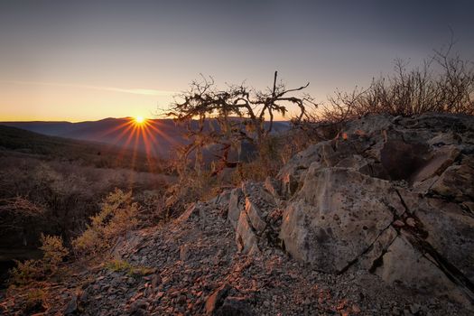 Color image of a beautiful sunset overlooking the Bald Hills in Northern California.