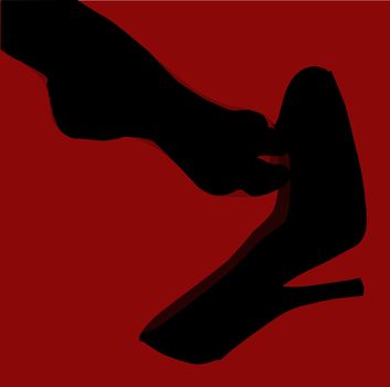 A stockinged foot slipping of a stiletto heel shoe.