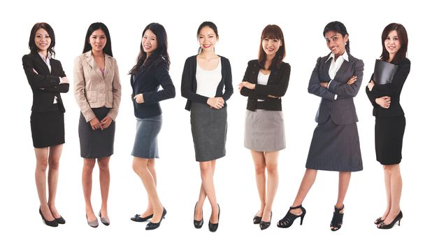Full body diverse Asian business women and mixed age group, standing isolated on white background.