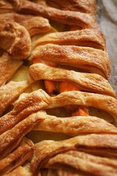 Meat pie with puff pastry. Beautiful golden crust. Crispy Tasty Lunch. vertical photo