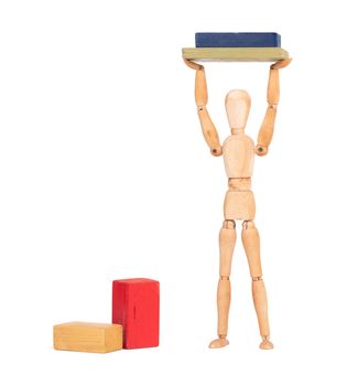 Wooden mannequin carrying wooden blocks, isolated on white