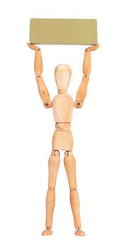 Wooden mannequin carrying a wooden block, isolated on white