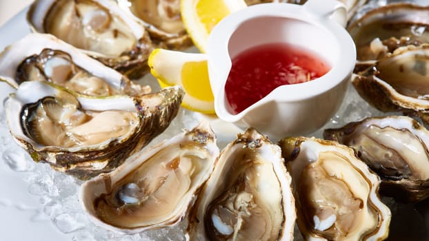Opened fresh oysters with lemon on dish. Shallow dof.