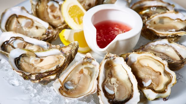 Fresh oysters on ice with lemon close up. Shallow dof