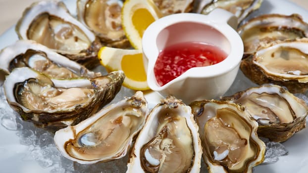 Opened fresh oysters with lemon on dish. Shallow dof.