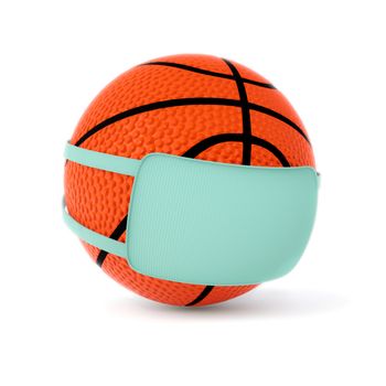 Basketball ball with surgery mask and post-it. Coronavirus effects and consequences on sports. 3d illustration