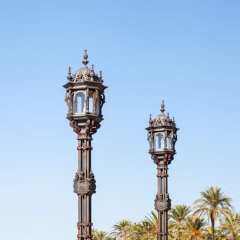 A pair of ornamental streetlights are seen in the Spanish city of Cadiz.