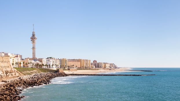 The Cadiz waterfront in Spain and the view along Playa Santa Maria del Mar.