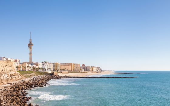 The Cadiz waterfront in Spain and the view along Playa Santa Maria del Mar.