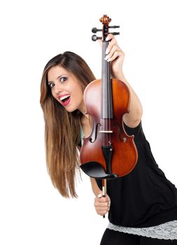 Funny beautiful woman holding her violin isolated 