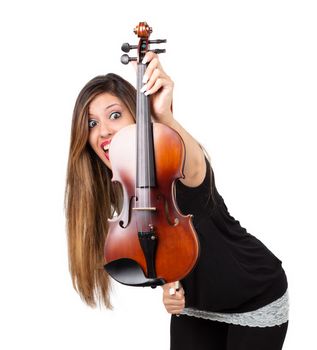 Funny beautiful woman holding her violin isolated