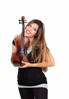 Funny beautiful woman holding her violin isolated