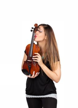 Funny beautiful woman holding her violin isolated