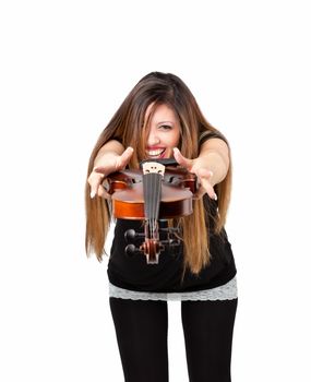 Funny beautiful woman holding her violin isolated