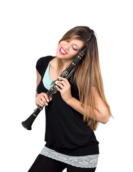 attractive woman in love with her clarinet